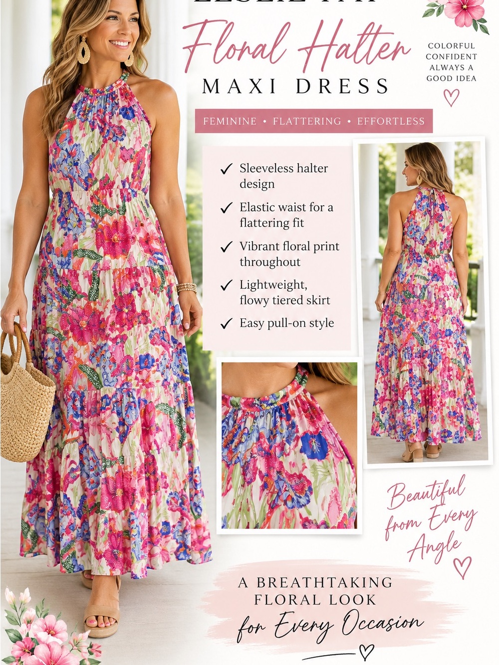 Leslie Fay Floral Halter Maxi Dress in Pink, Blue, Green